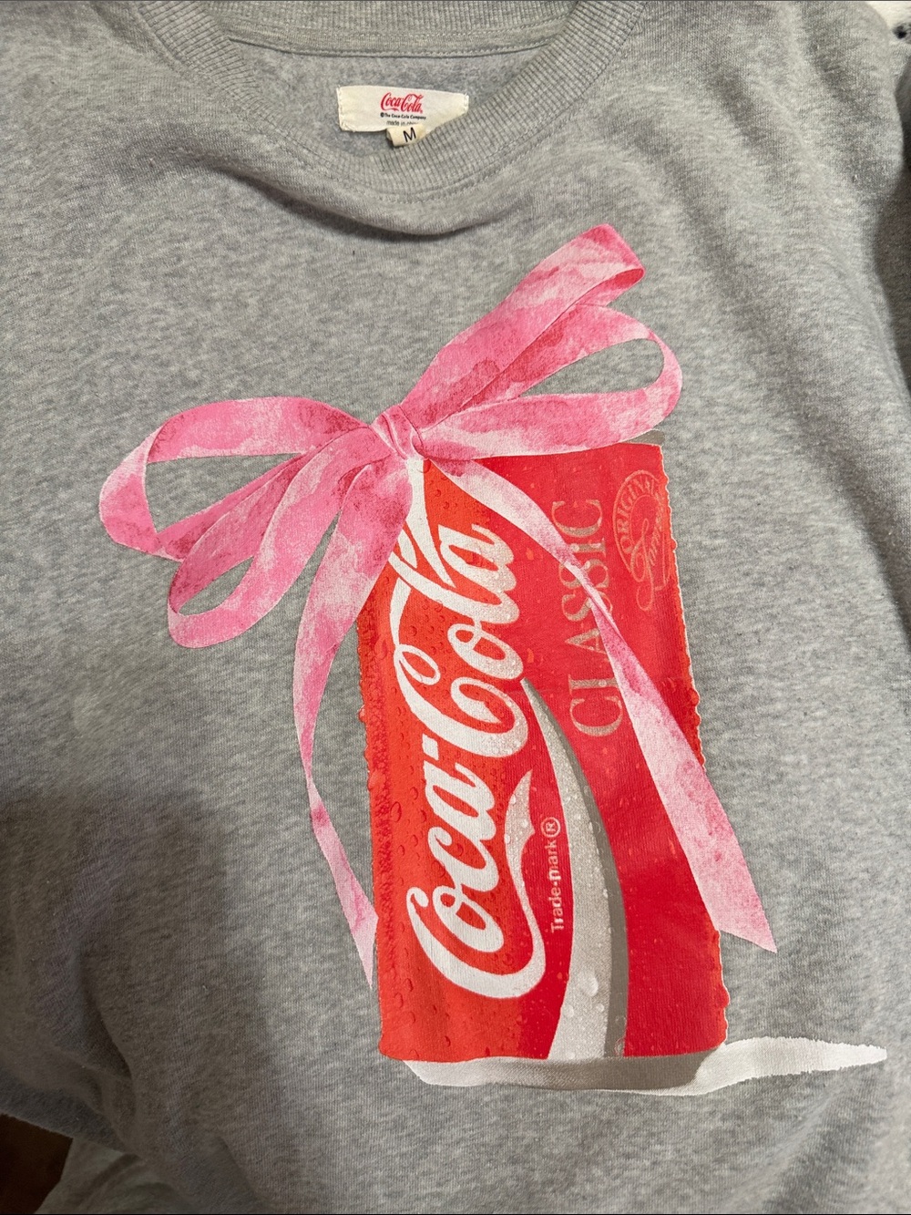 Coca Cola Gray Tee with Red Can and Pink Bow Graphic